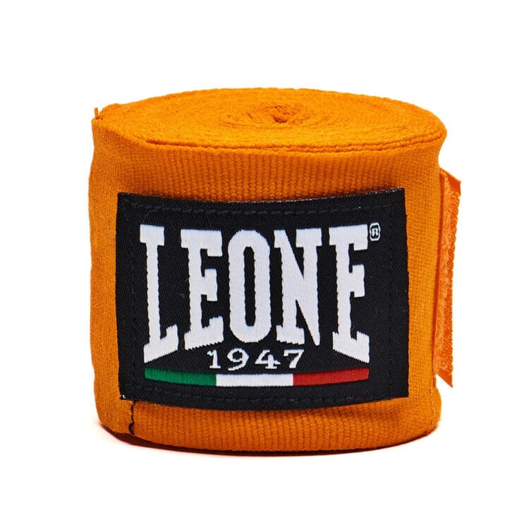 Bendaggi Leone 1947 Fasce Arancione in Cotone semi-elastico da 3,5m protezione per il polso e le dita con chiusura a velcro per Boxe , Muay Thai, Kickboxing, Mma