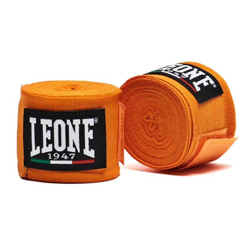 Bendaggi Leone 1947 Fasce Arancione in Cotone semi-elastico da 3,5m protezione per il polso e le dita con chiusura a velcro per Boxe , Muay Thai, Kickboxing, Mma