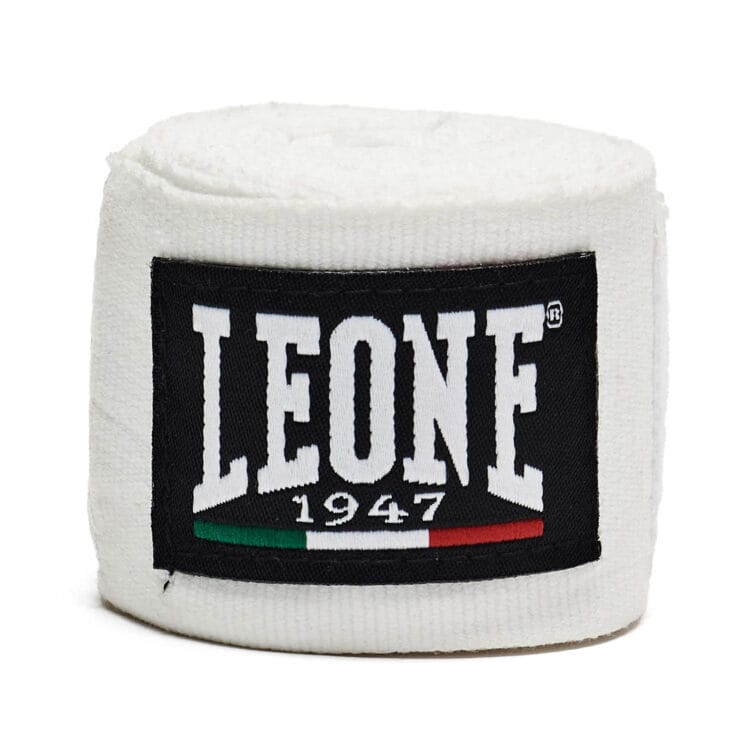 Bendaggi Leone 1947 Fasce Bianco in Cotone semi-elastico da 3,5m protezione per il polso e le dita con chiusura a velcro per Boxe , Muay Thai, Kickboxing, Mma