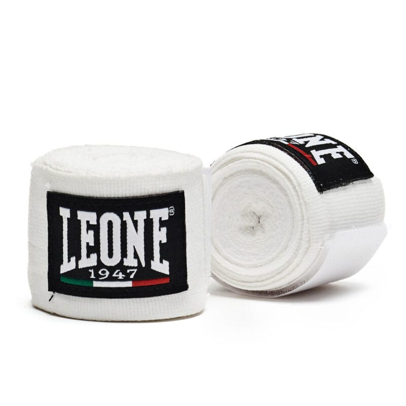 Bendaggi Leone 1947 Fasce Bianco in Cotone semi-elastico da 3,5m protezione per il polso e le dita con chiusura a velcro per Pugilato , Thaiboxe, K1, Mma