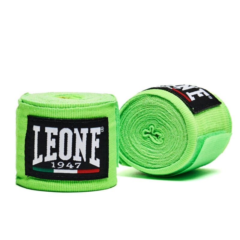 Bendaggi Leone 1947 Fasce Verde in Cotone semi-elastico da 3,5m protezione per il polso e le dita con chiusura a velcro per Boxe , Muay Thai, Kickboxing, Mma