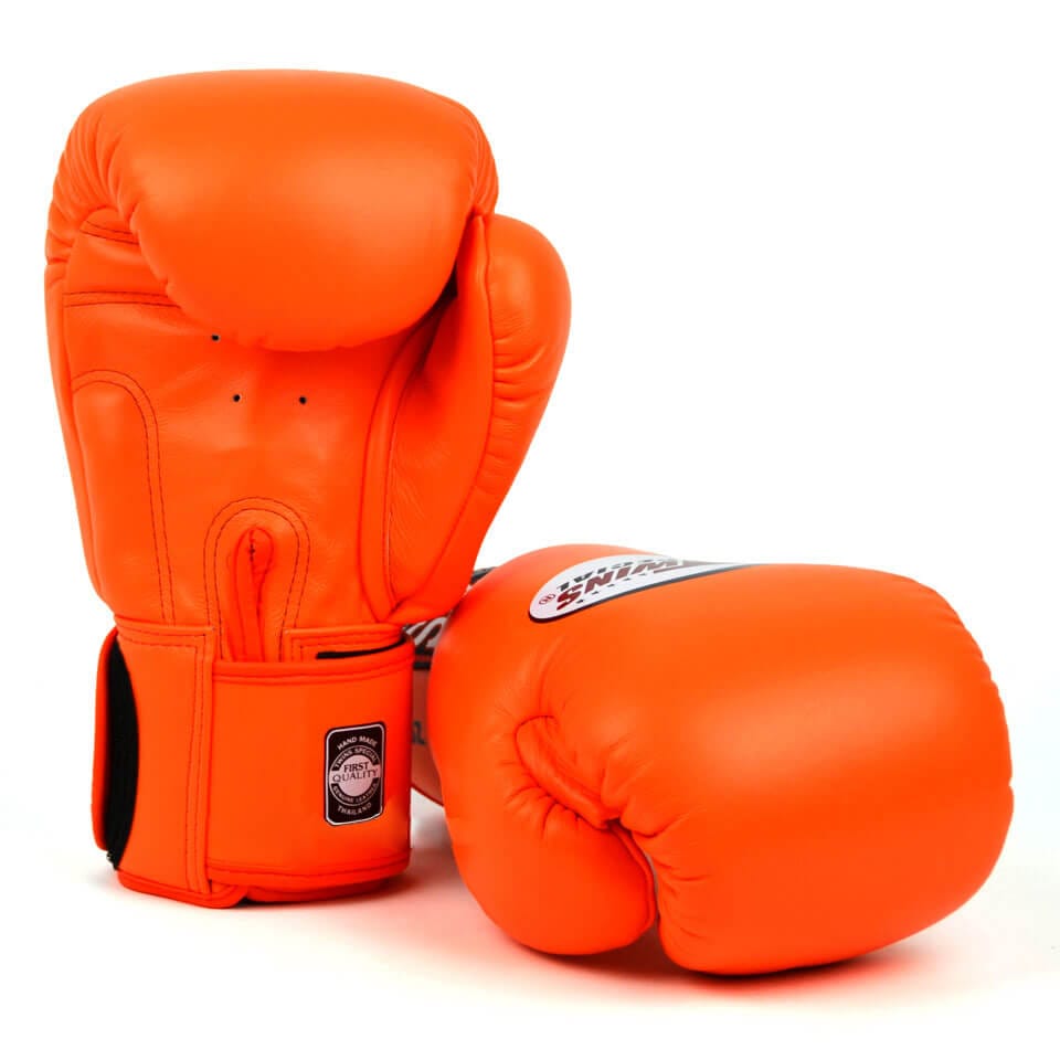 Guantoni Thaiboxe e Boxe Twins Special arancione vera pelle per Muay Thai, Pugilato, Kickboxing, chiusura con velcro