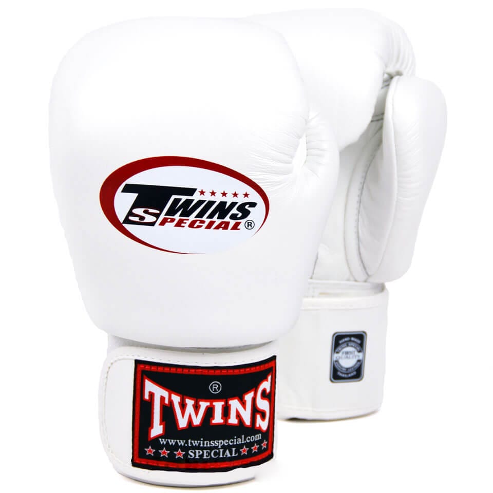 Guantoni Twins Special bianco in vera pelle per Muay Thai, Boxe e Kickboxing con velcro