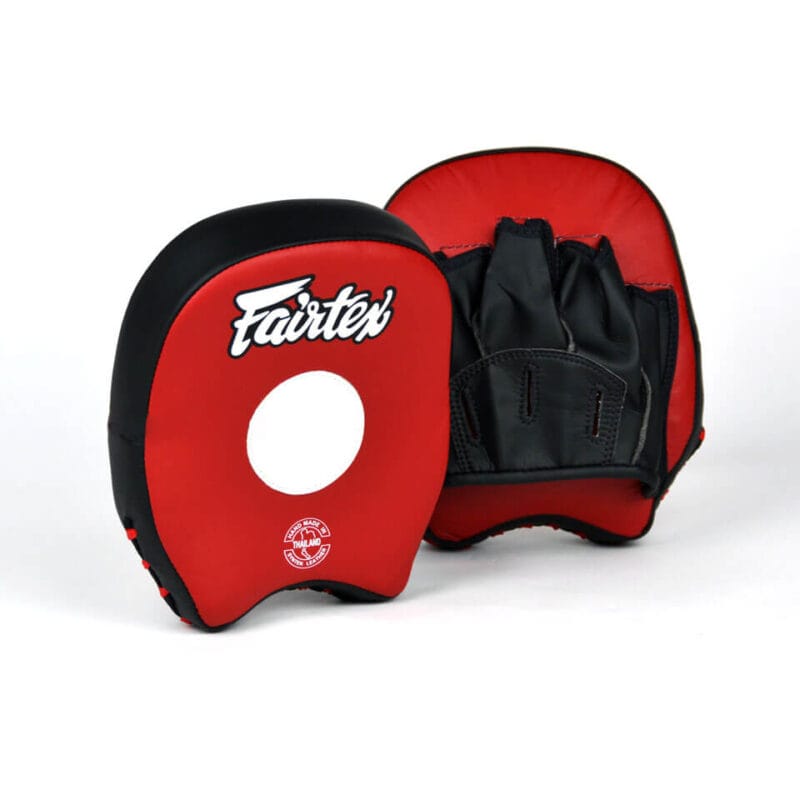 Colpitori Focus Mitt Fairtex, Semi Leather, Nero e Rosso, per allenamenti di Boxe, Muay Thai, Kickboxing, MMA, Pugilato, Sanda