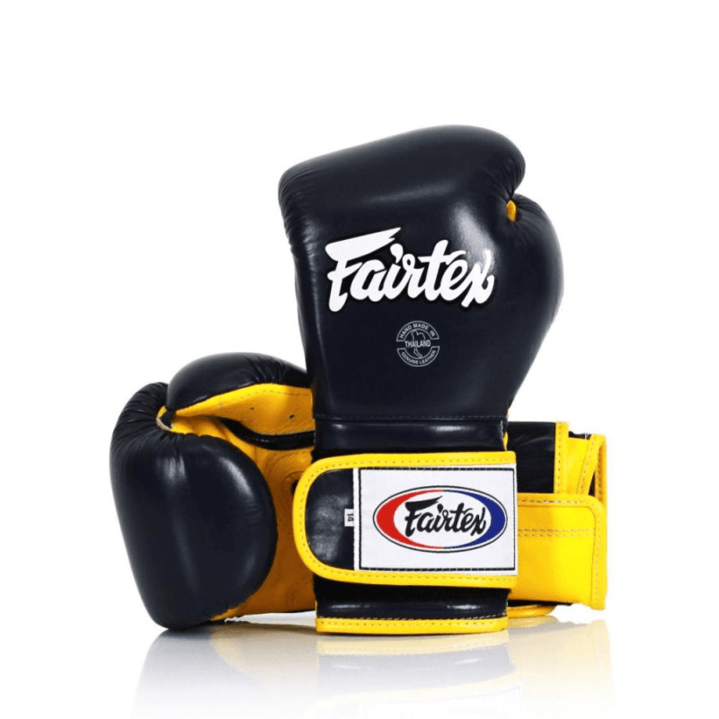 Guantoni Fairtex Mexican Style Blu/giallo in pelle, Boxe, Kickboxing e Muay Thai.