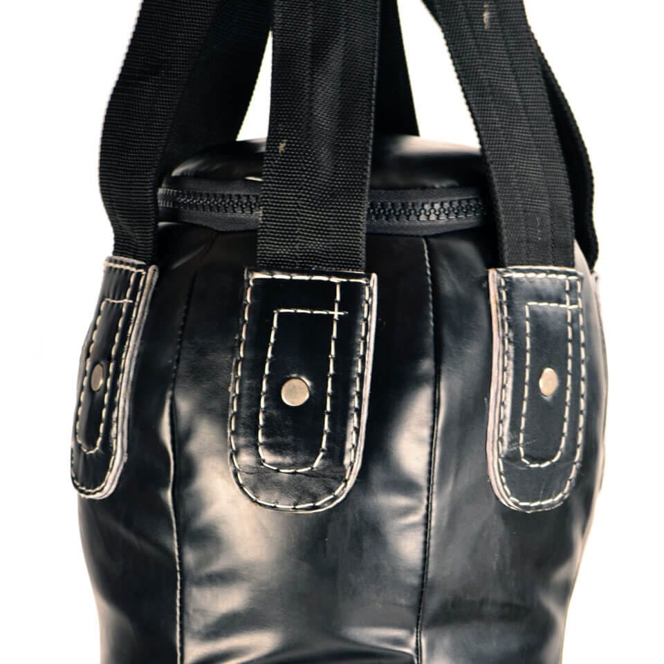 Sacco Fairtex Bowling Semi Leather Nero, per allenamenti di Muay Thai, Kickboxing, Boxe, Sanda, Pugilato, MMA, sport da combattimento, dettaglio tiranti