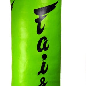 Sacco Fairtex Banana Bag Verde Fluo 180 cm, 40 kg, per allenamenti di Muay Thai, Kickboxing, Boxe, MMA, Pugilato, Thaiboxe, dettaglio scritta