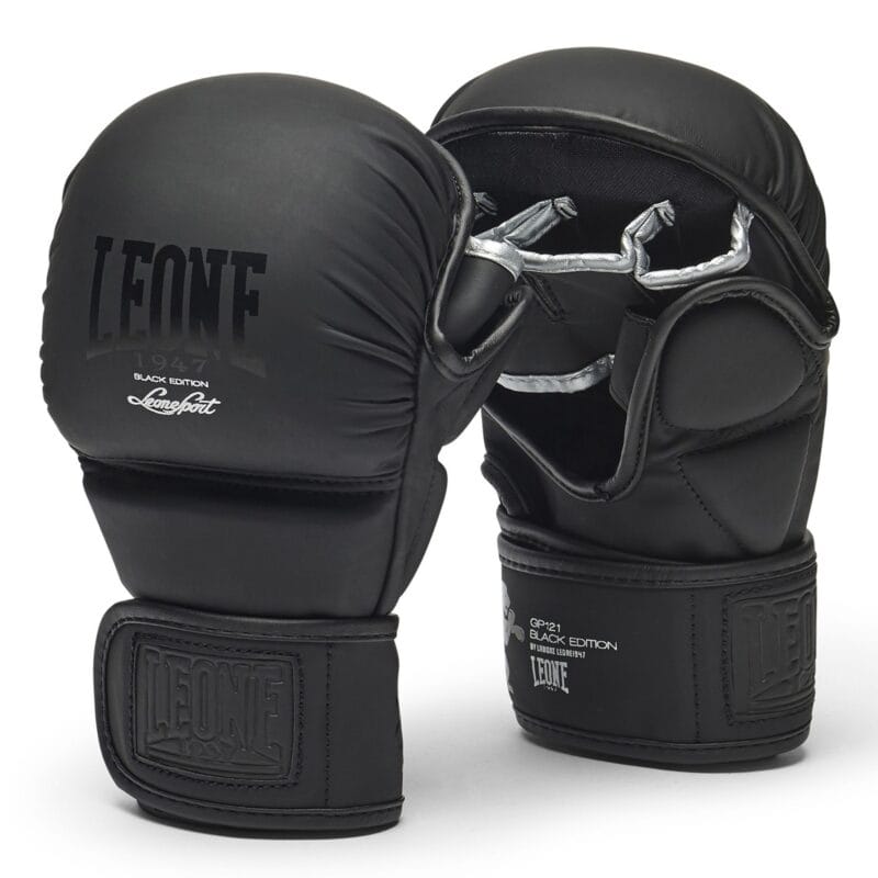 Guanti Mma Black Edition Leone 1947 in PU Nero Opaco da 4oz per allenamenti e sparring di Grappling e Mma