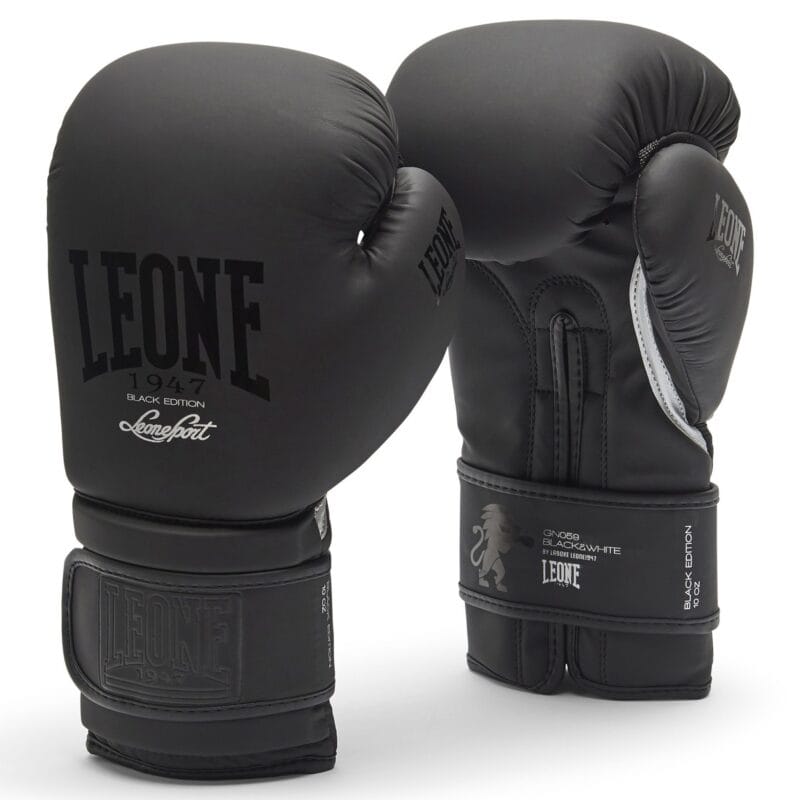 Guantoni Boxe Black Edition Leone 1947 Nero Mat con velcro, per Thaiboxe, Kickboxing e Pugilato.