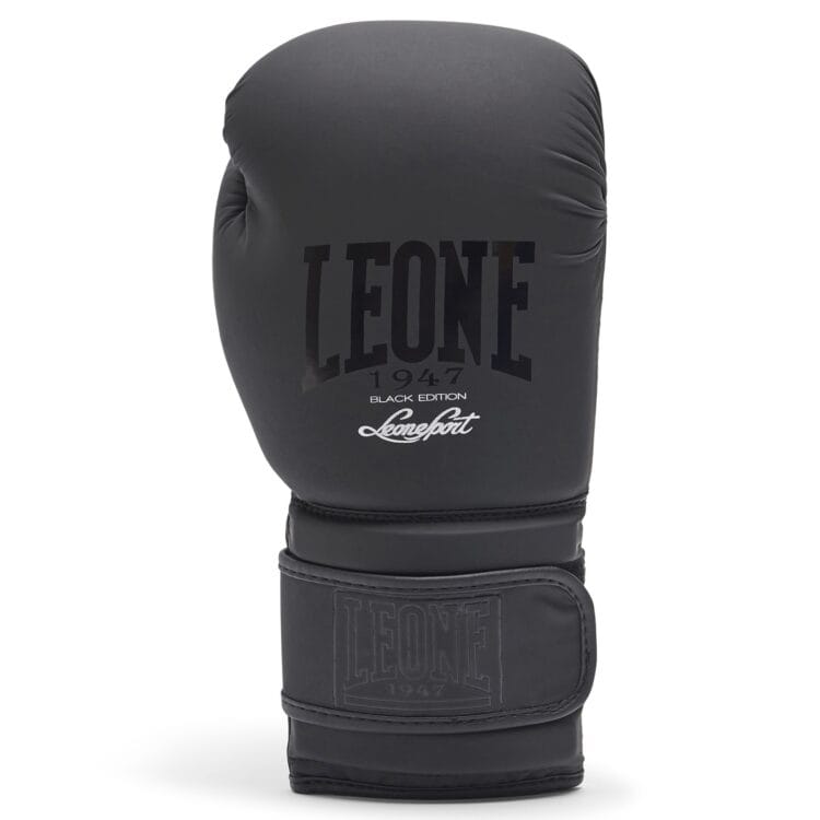 Guantoni Boxe Black Edition Leone 1947 Nero Mat con velcro, per Thaiboxe, Kickboxing e Pugilato fronte