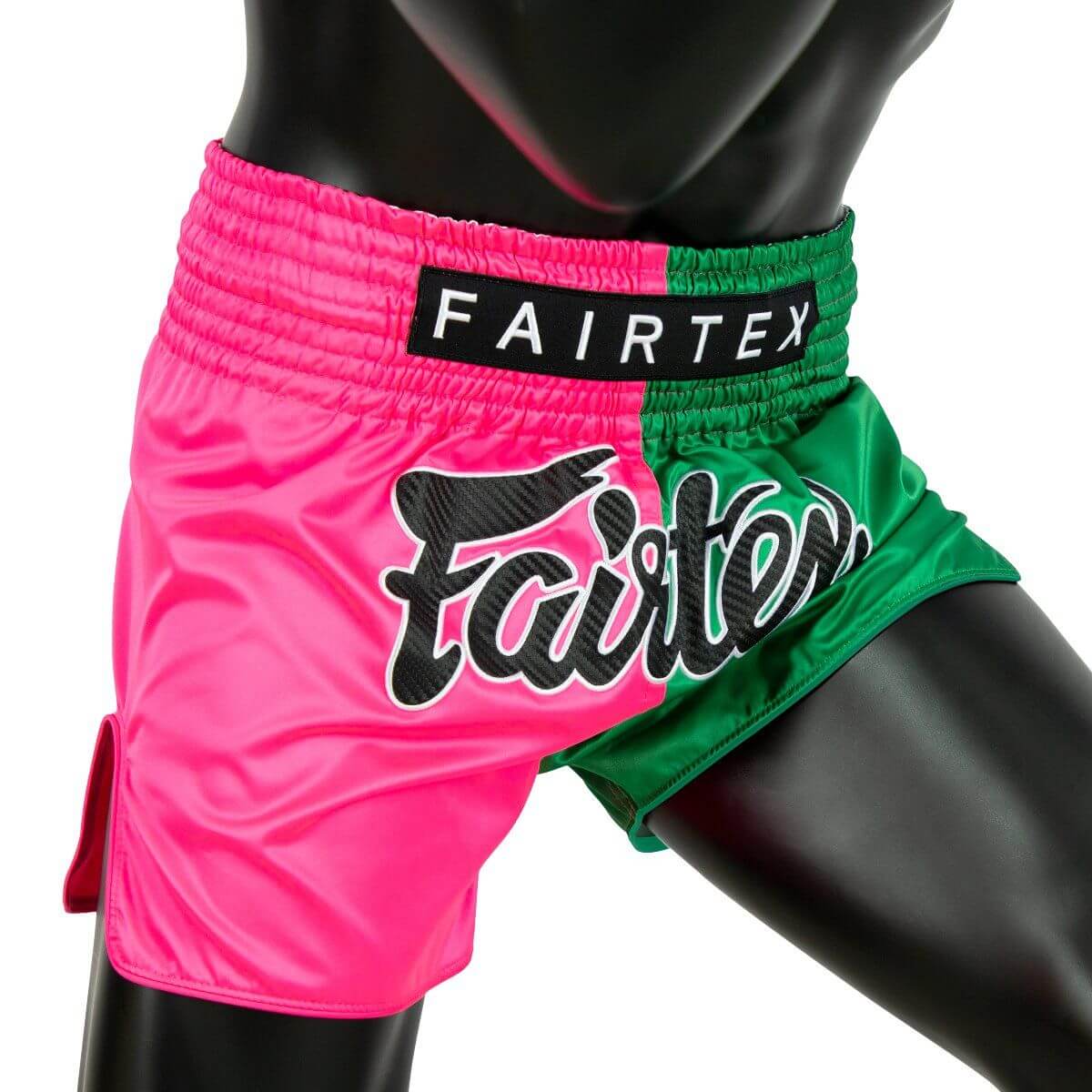 Pantaloncini in satin da Muay Thai e Kickboxing Yodsanklai Fairtex verde e rosa