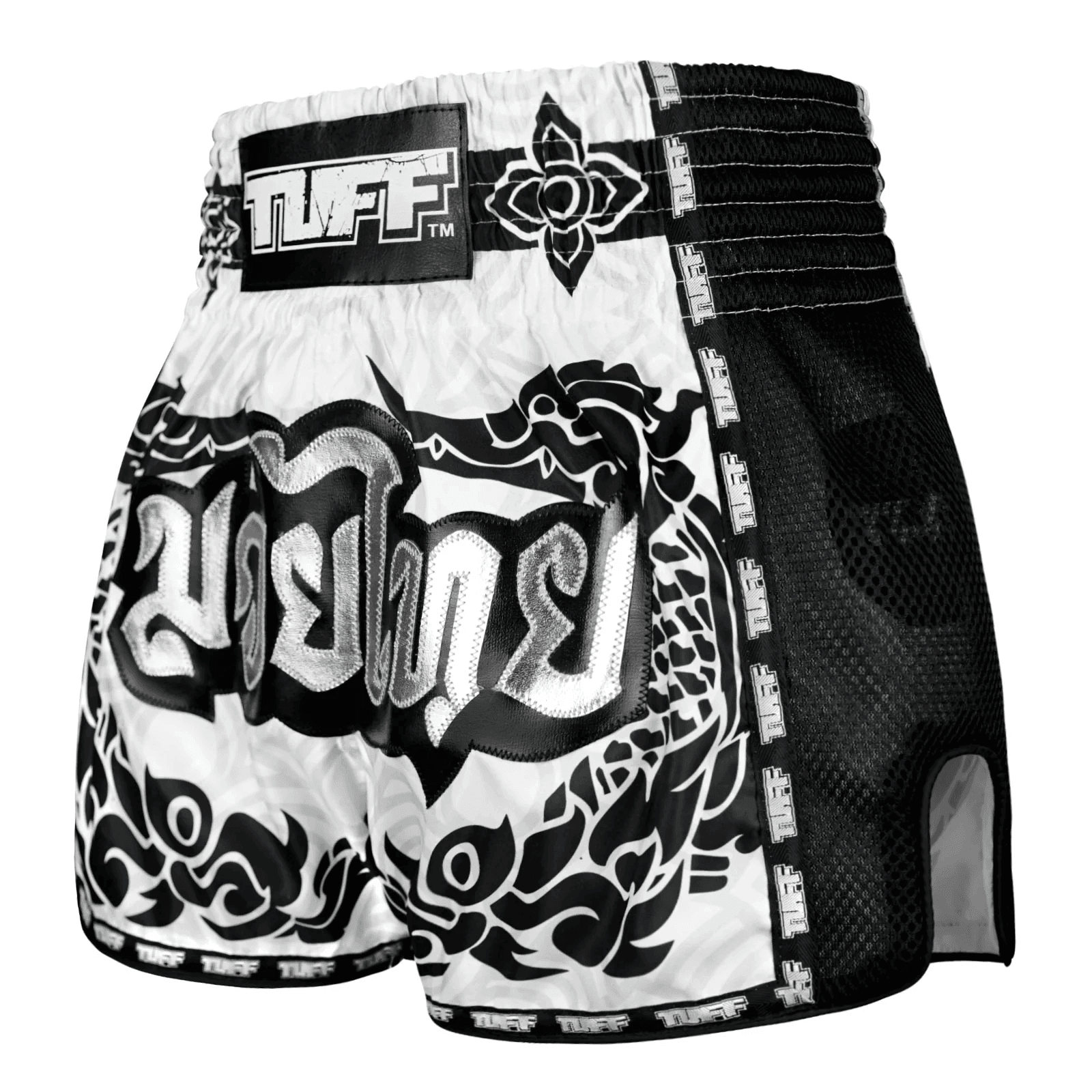 Pantaloncini Muay Thai Tuff Great Hongsa Bianco/Nero per allenamenti e match di Kickboxing e Muay Thai. Leggeri, comodi e morbidi con spacchi laterali. In Microfiber non si attaccano alla gamba.
