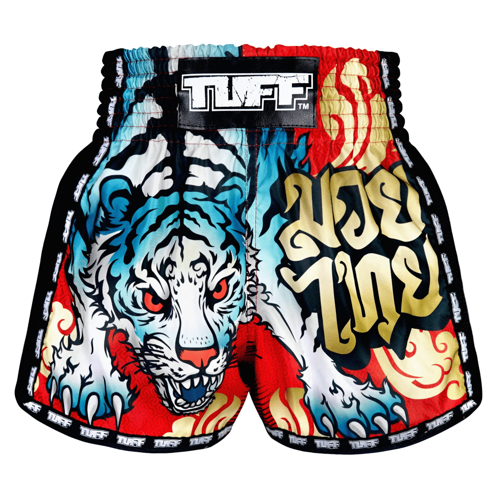 Pantaloncini Muay Thai Tuff Cruel Ice Tiger Rosso/Blu per allenamenti e match di Kickboxing e Muay Thai. Leggeri, comodi e morbidi con spacchi laterali. In Microfiber non si attaccano alla gamba.