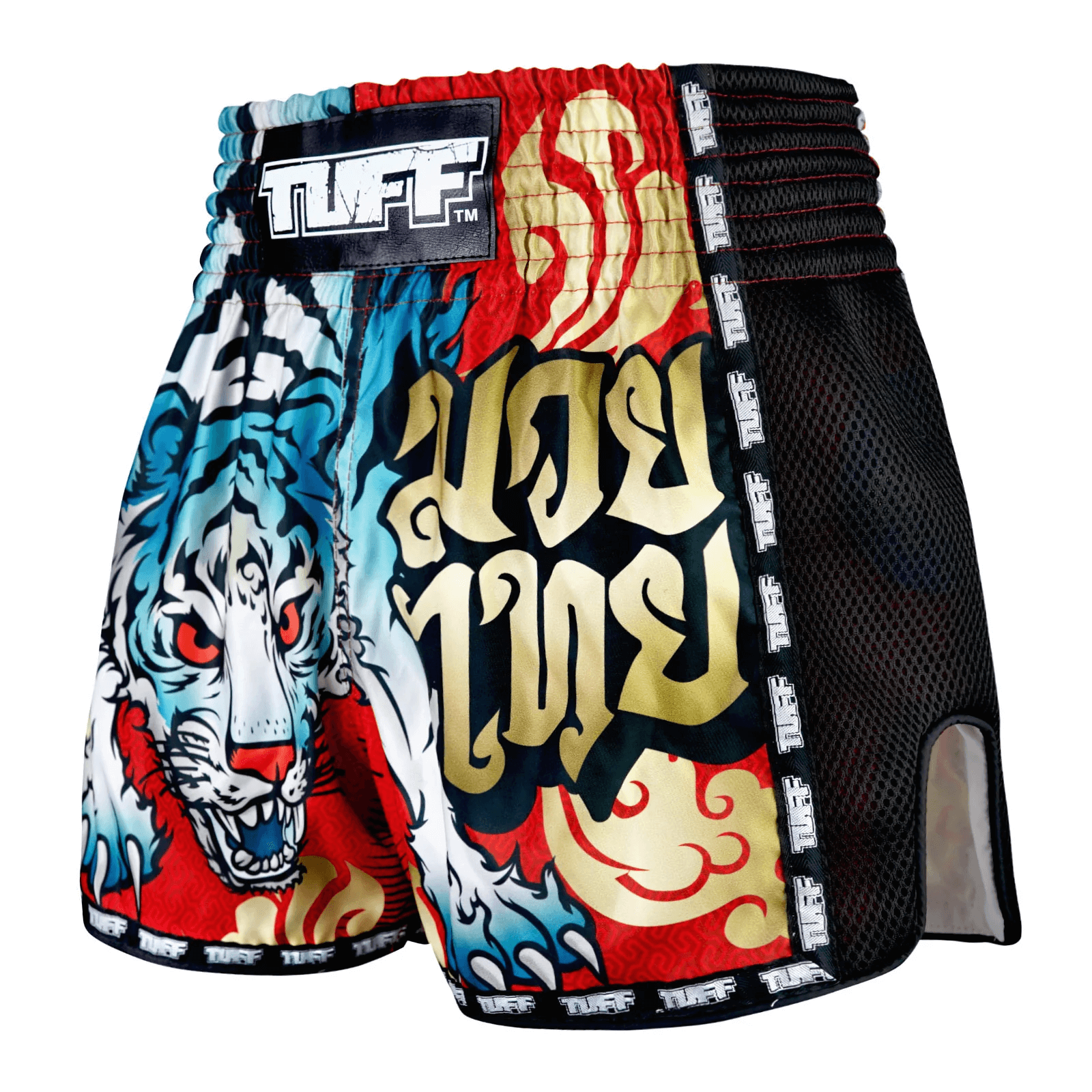 Pantaloncini Muay Thai Tuff Cruel Ice Tiger Rosso/Blu per allenamenti e match di Kickboxing e Muay Thai. Leggeri, comodi e morbidi con spacchi laterali. In Microfiber non si attaccano alla gamba.