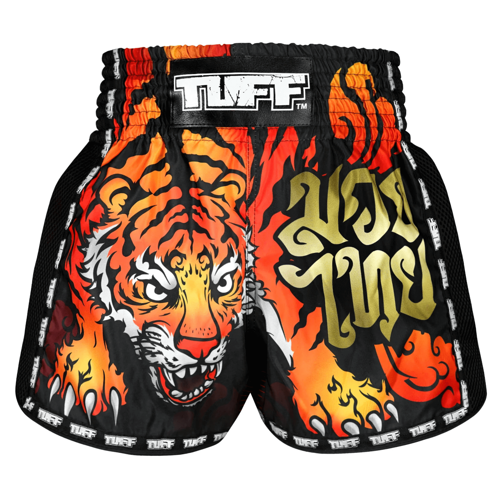 Pantaloncini Muay Thai Tuff Cruel Tiger Nero per allenamenti e match di Kickboxing e Muay Thai. Leggeri, comodi e morbidi con spacchi laterali. In Microfiber non si attaccano alla gamba.