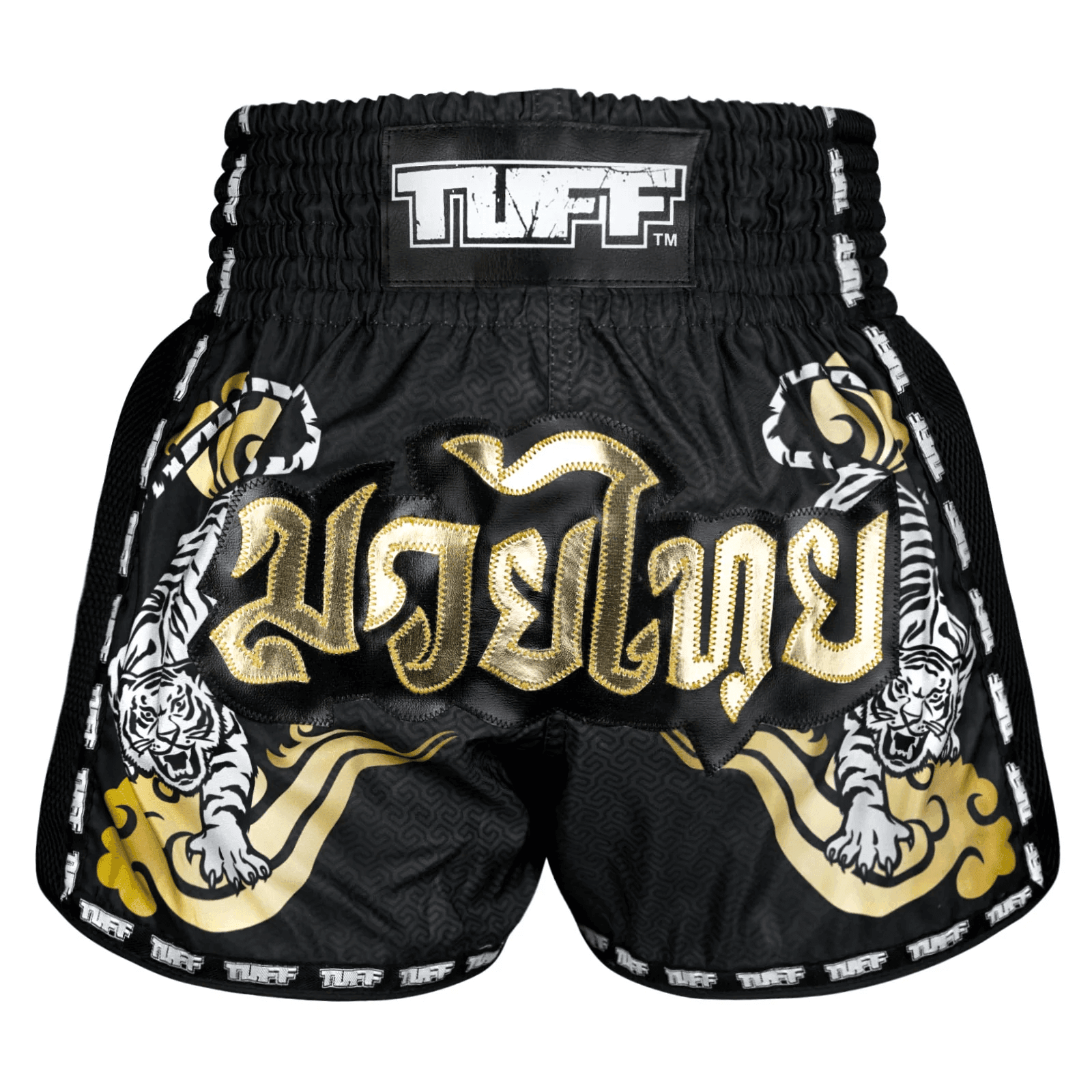 Pantaloncini Muay Thai Tuff Double Tiger Nero/Oro per allenamenti e match di Kickboxing e Muay Thai. Leggeri, comodi e morbidi con spacchi laterali. In Microfiber non si attaccano alla gamba.