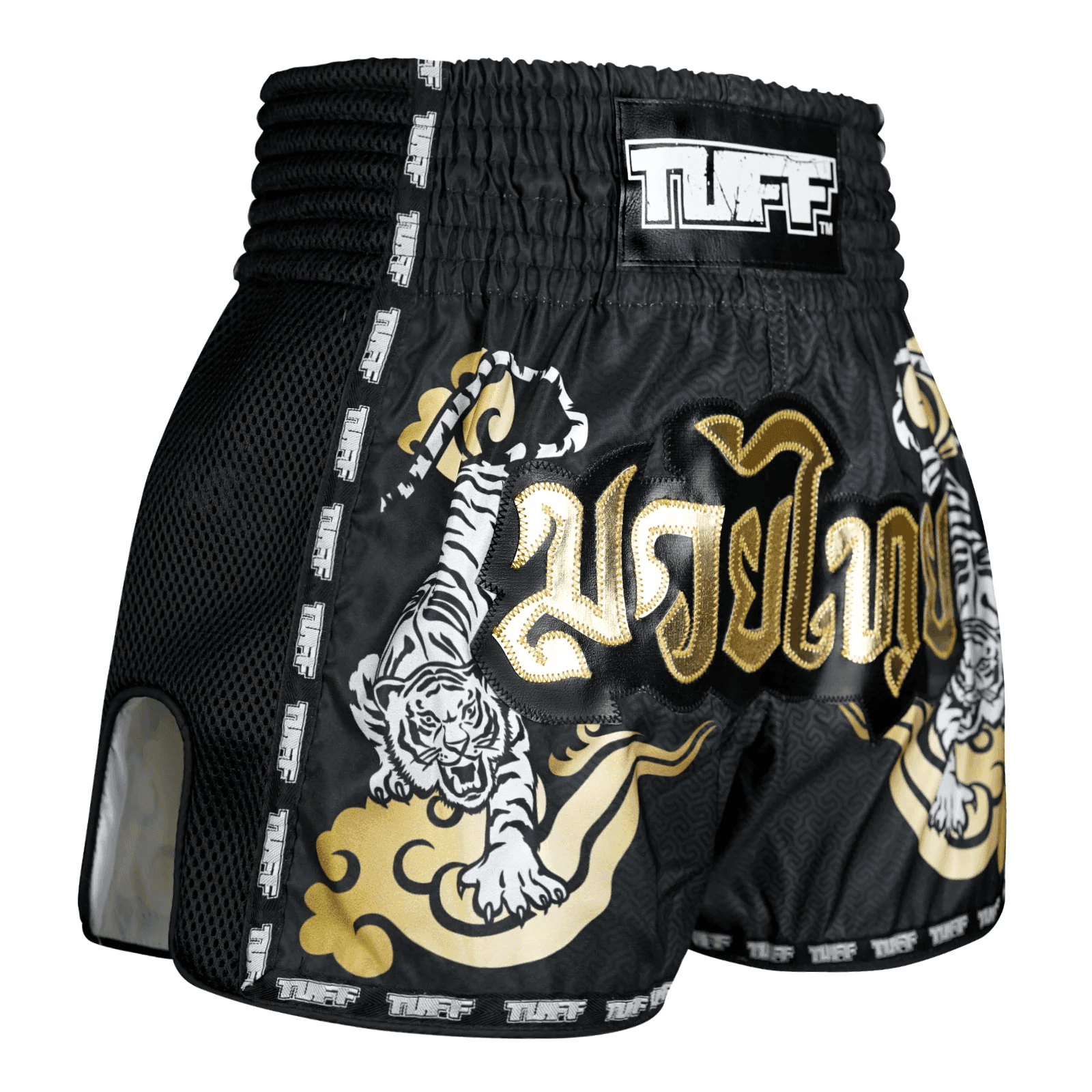 Pantaloncini Muay Thai Tuff Double Tiger Nero/Oro per allenamenti e match di Kickboxing e Muay Thai. Leggeri, comodi e morbidi con spacchi laterali. In Microfiber non si attaccano alla gamba.