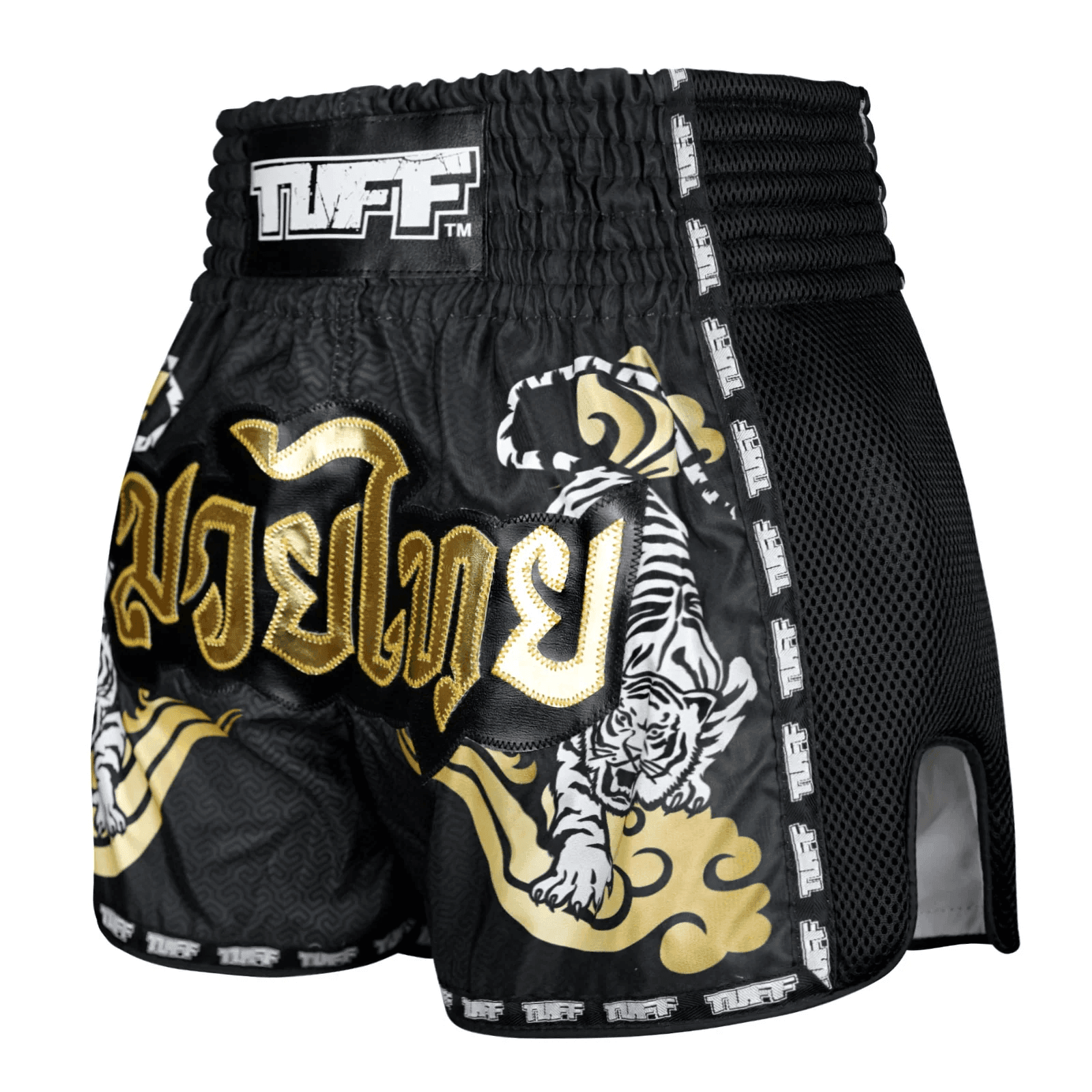 Pantaloncini Muay Thai Tuff Double Tiger Nero/Oro per allenamenti e match di Kickboxing e Muay Thai. Leggeri, comodi e morbidi con spacchi laterali. In Microfiber non si attaccano alla gamba.