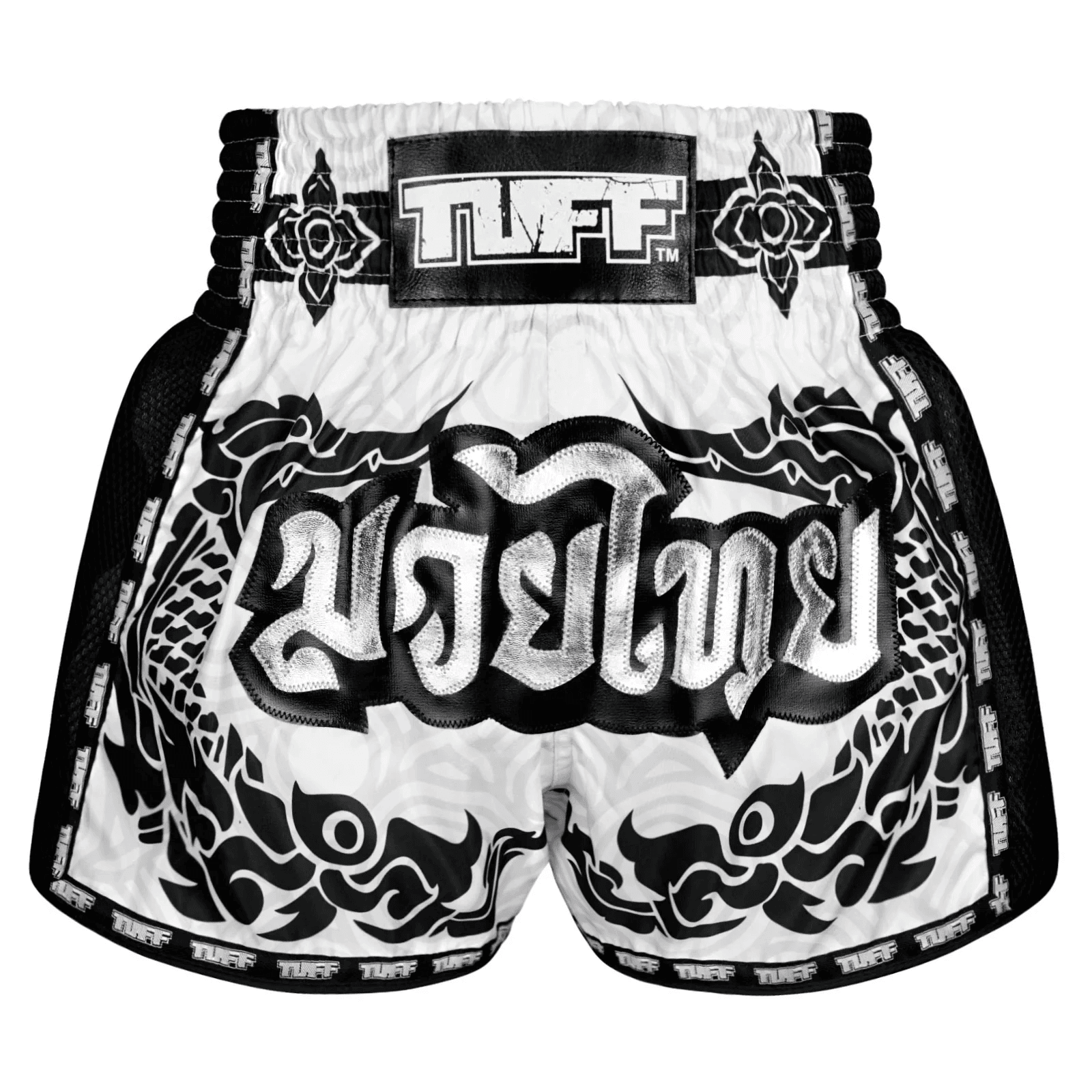 Pantaloncini Muay Thai Tuff Great Hongsa Bianco/Nero per allenamenti e match di Kickboxing e Muay Thai. Leggeri, comodi e morbidi con spacchi laterali. In Microfiber non si attaccano alla gamba.