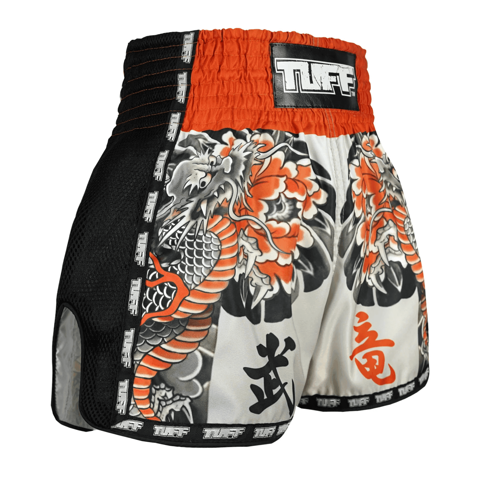 Pantaloncini Muay Thai Tuff Senshi Ryu Dragon Warrior Grigio/Nero/Arancio per Thaiboxe e Kickboxing