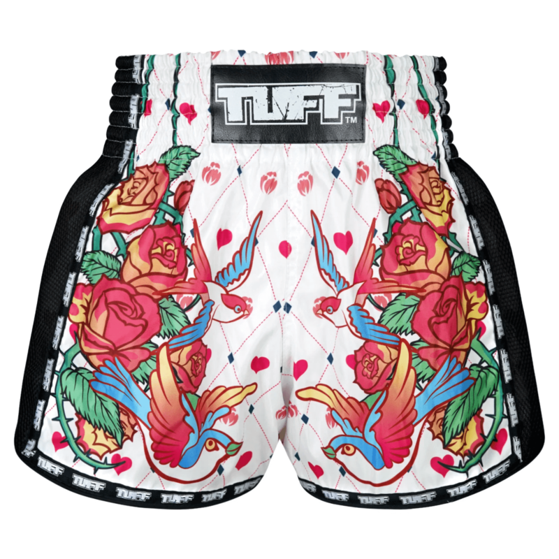 Pantaloncini Muay Thai Tuff Old School con rose e rondini per Thaiboxe e Kickboxing