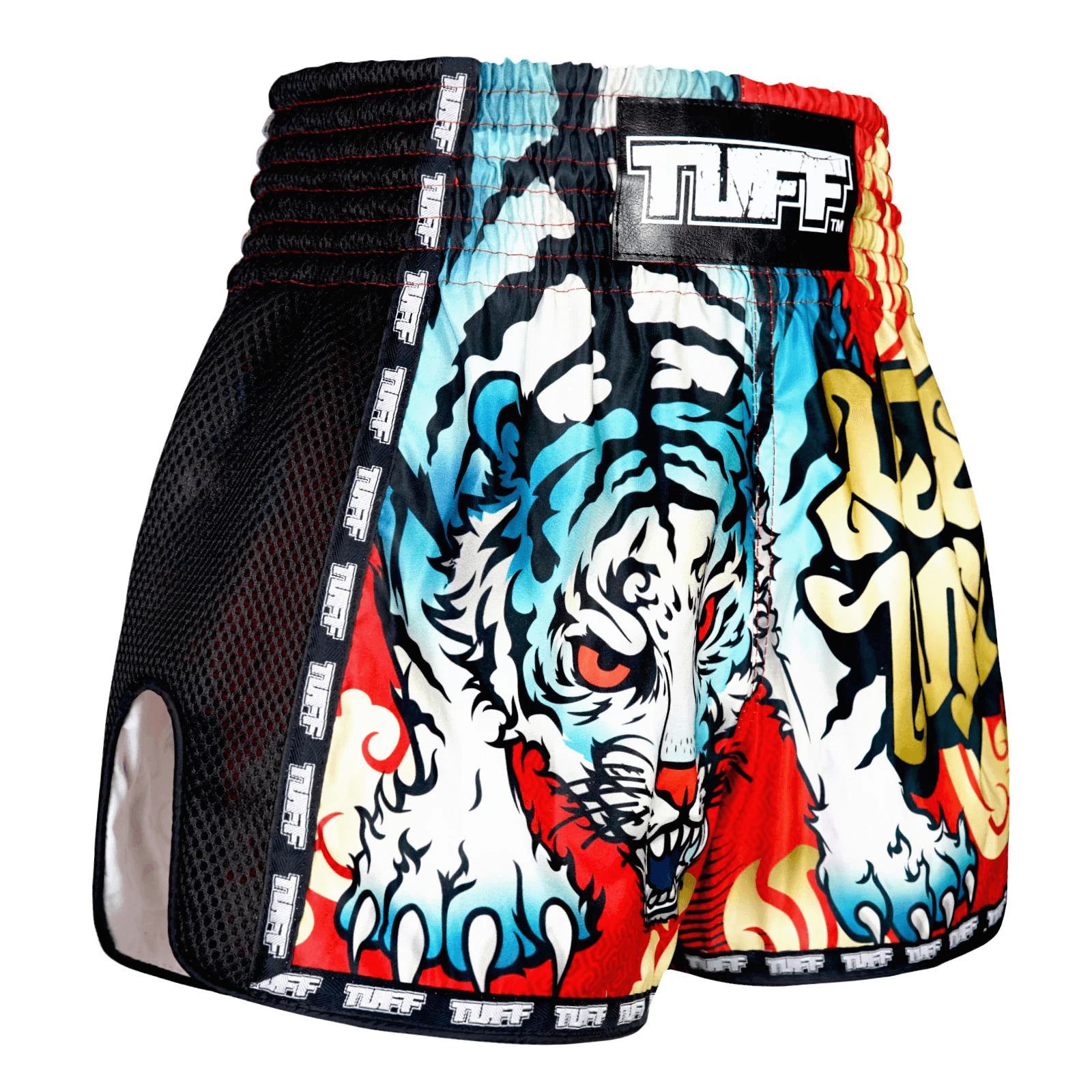 Pantaloncini Muay Thai Tuff Cruel Ice Tiger Rosso/Blu per allenamenti e match di Kickboxing e Muay Thai. Leggeri, comodi e morbidi con spacchi laterali. In Microfiber non si attaccano alla gamba.