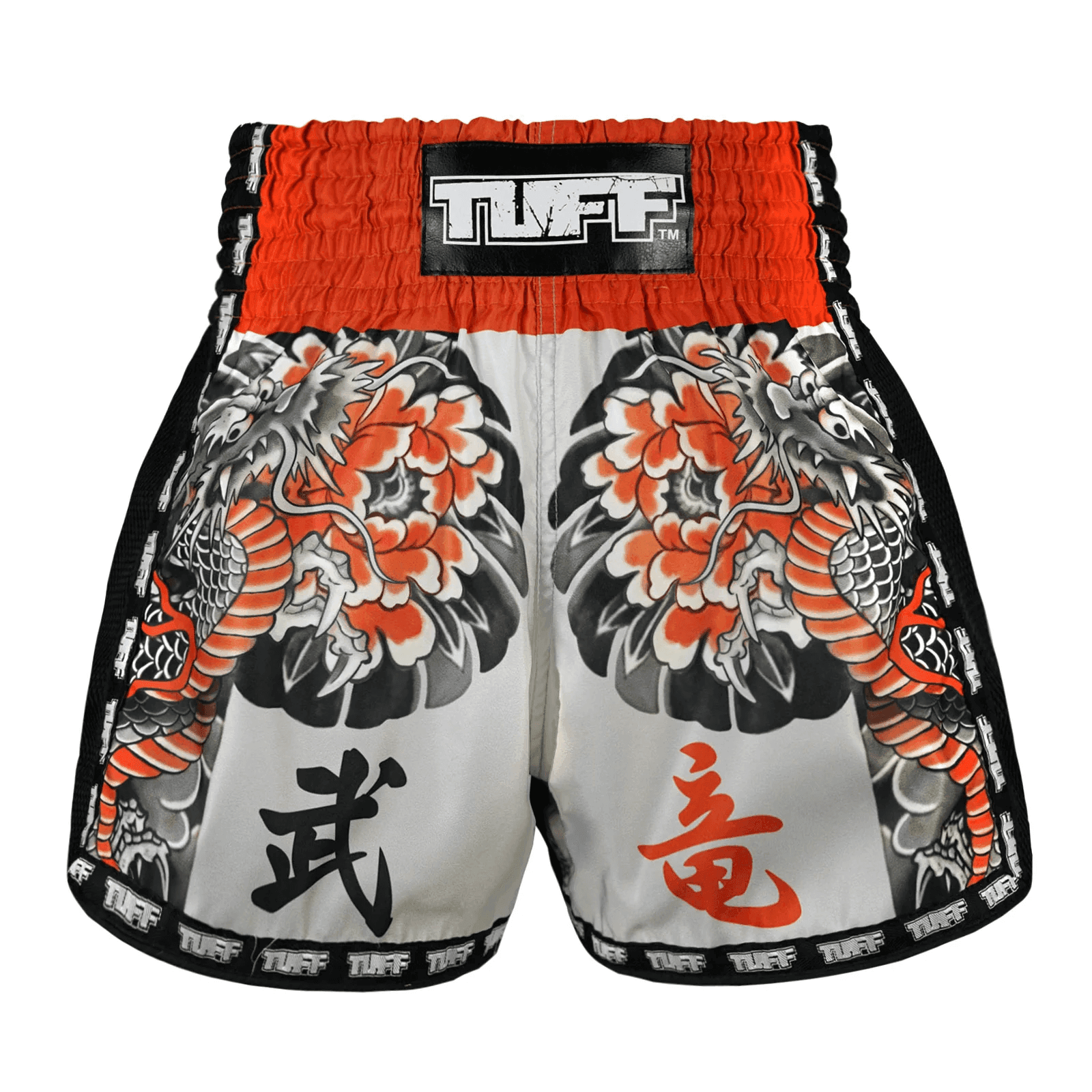 Pantaloncini Muay Thai Tuff Senshi Ryu Dragon Warrior Grigio/Nero/Arancio per Thaiboxe e Kickboxing
