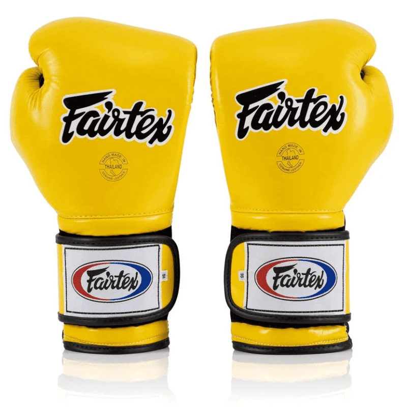 Guantoni Fairtex Mexican Style giallo/nero in pelle, Boxe, Kickboxing e Muay Thai.