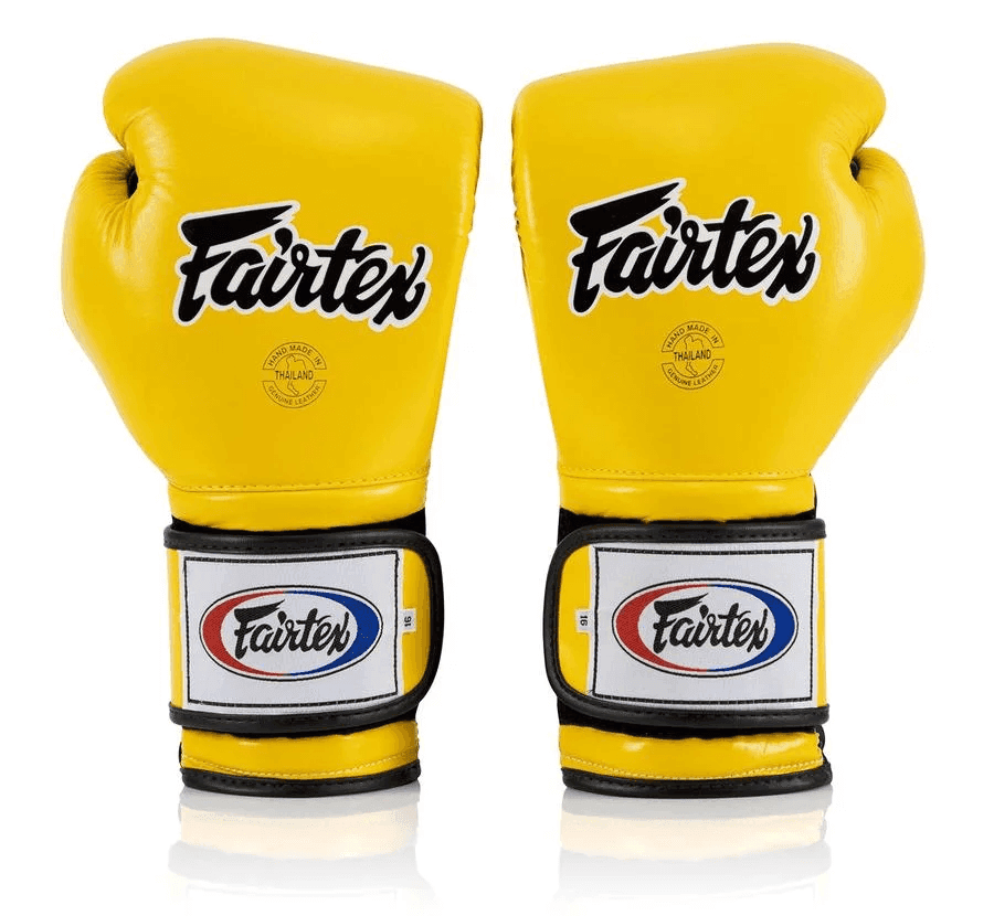 Guantoni Fairtex Mexican Style giallo/nero in pelle, Boxe, Kickboxing e Muay Thai.