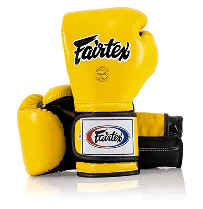 Guantoni Fairtex Mexican Style Giallo chiusura velcro per allenamenti e Match di Muay Thai, Kickboxing e boxe.