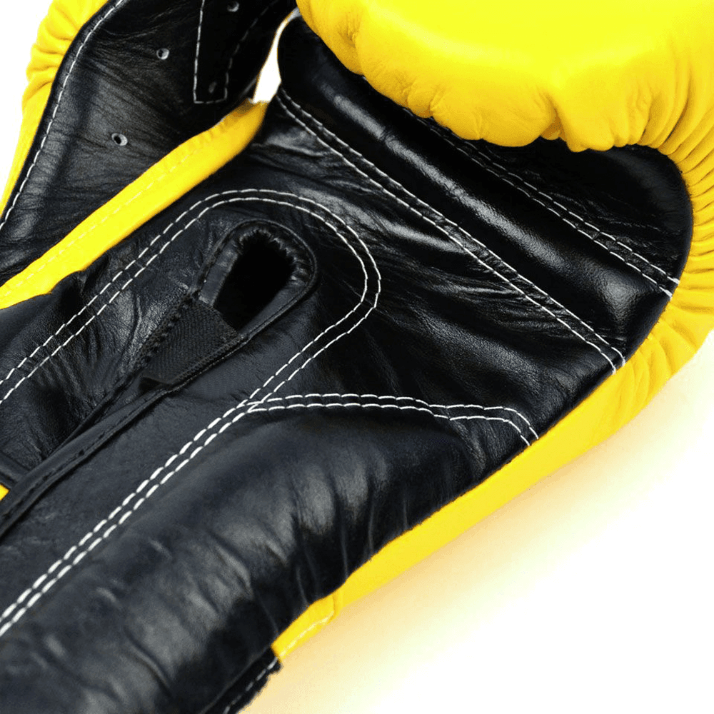 Guantoni Fairtex Mexican Style giallo/nero in pelle, Boxe, Kickboxing e Muay Thai.