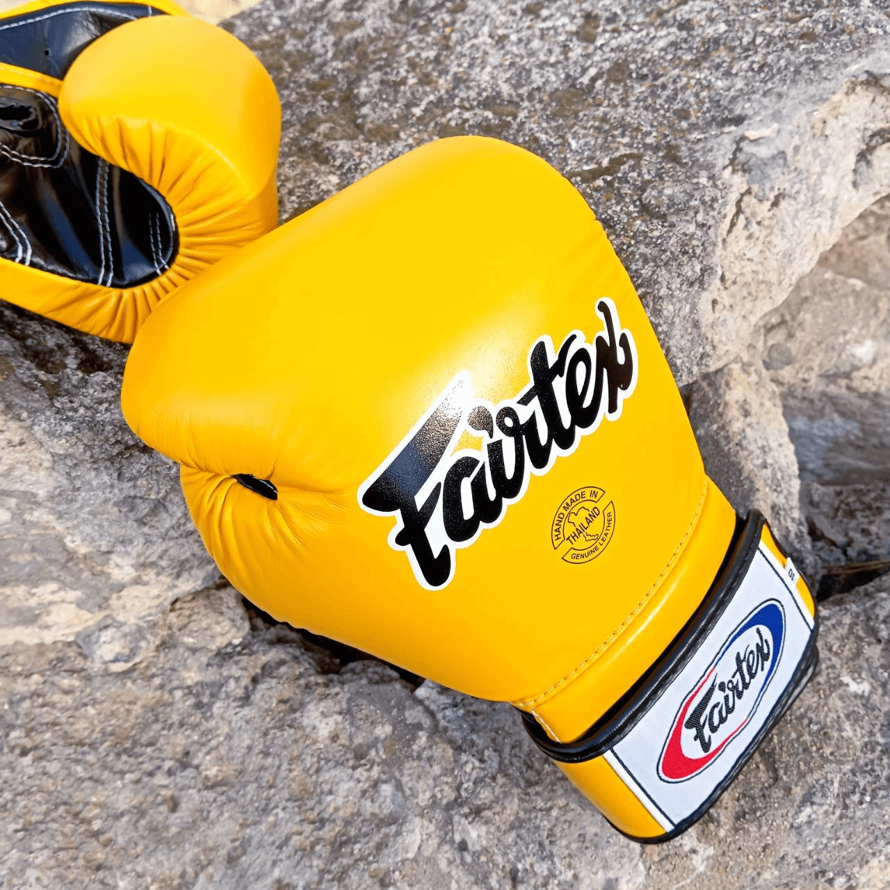 Guantoni Fairtex Mexican Style Heavy Hitter in pelle di vacchetta Giallo. Polso più lungo per una migliore stabilità dell'articolazione, imbottitura extra protettiva in triplo strato. Fodera interna Anti sudore per preservare l'imbottitura. Adatti a tutti i praticanti di Muay Thai, Boxe e Kickboxing.