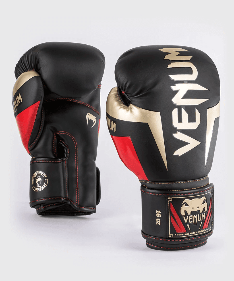 Guantoni Venum ELITE Nero/rosso/oro per allenamenti e match di Muay Thai, Kickboxing e Boxe.