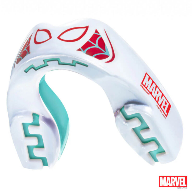 Paradenti Spider Gwen Marvel SafeJawz Azzurro/Bianco per allenamenti e match di Boxe, Kickboxing, MMA e Bjj. Facilissimo da modellare, protegge da urti ed impatti in tutti gli Sport da Combattimento. Per adulti e Bambini. Scegli il tuo Super eroe preferito.