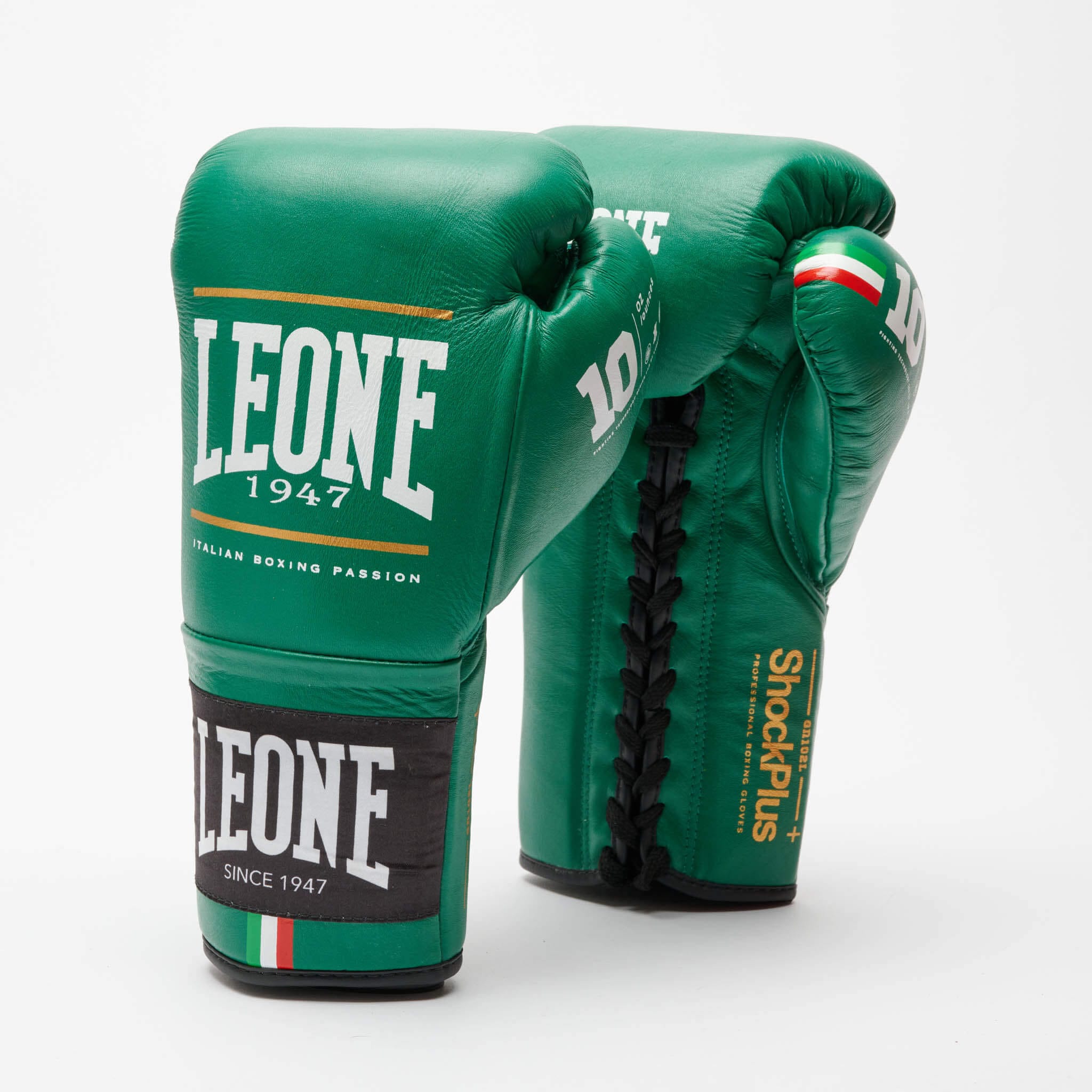 Guantoni da Boxe Leone1947 GN102L Shock Plus verde in vera pelle con lacci