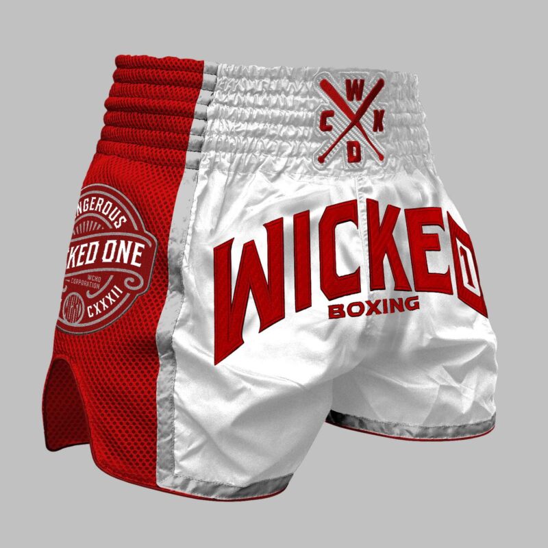 Pantaloncini Muay Thai Wicked One Block Bianco/Rosso per allenamenti e match di Muay thai e Kickboxing. Vestibilità morbida e regolare, vestibilità comoda, adatti a tutte le fisicità.
