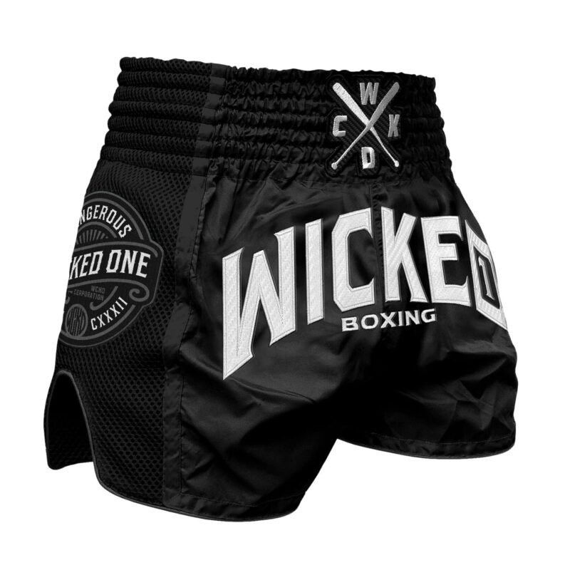 Pantaloncini Muay Thai Wicked One Block Nero per allenamenti e match di Muay thai e Kickboxing. Vestibilità morbida e regolare, vestibilità comoda, adatti a tutte le fisicità.
