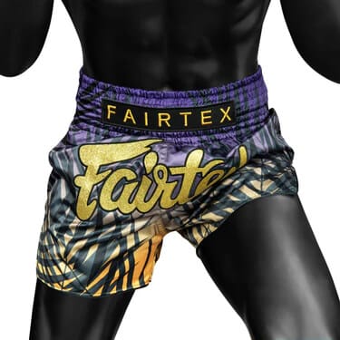 Pantaloncini Muay Thai Fairtex Dawn BS1941 Viola/Oro per allenamenti e match di Kickboxing e Muay Thai. Leggeri e comodi. Pantaloncini Muay Thai One Championship