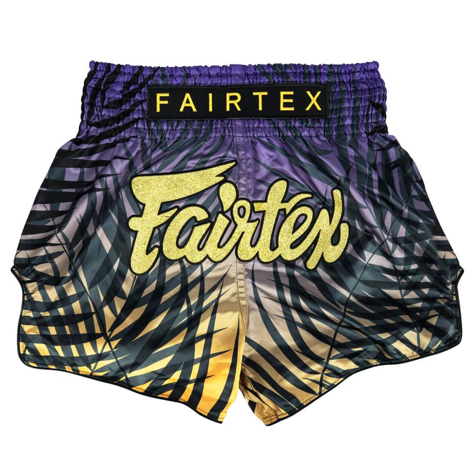 Pantaloncini Muay Thai Fairtex Dawn BS1941 Viola/Oro per allenamenti e match di Kickboxing e Muay Thai. Leggeri e comodi. Pantaloncini Muay Thai One Championship