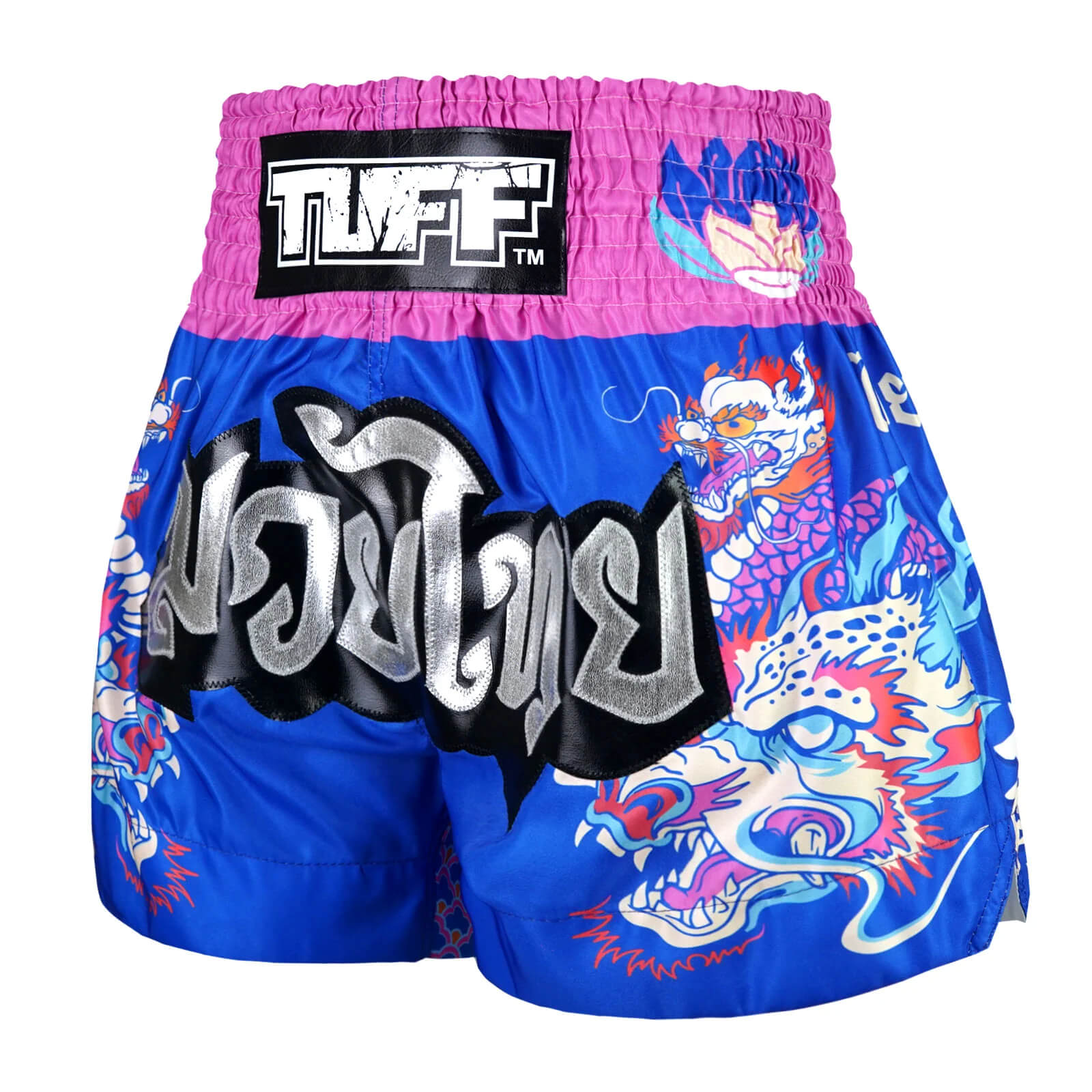 Pantaloncini Muay Thai / Kickboxing Tuff Dragonforce Blu/Fucsia per allenamenti e match di Muay Thai. Grafica Dragone, comodi e morbidi in vita.