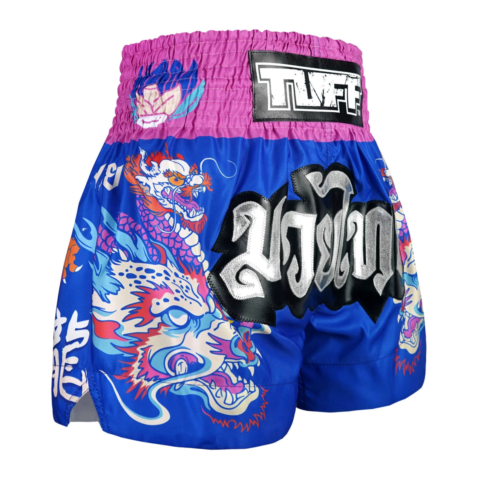 Pantaloncini Muay Thai / Kickboxing Tuff Dragonforce Blu/Fucsia per allenamenti e match di Muay Thai. Grafica Dragone, comodi e morbidi in vita.