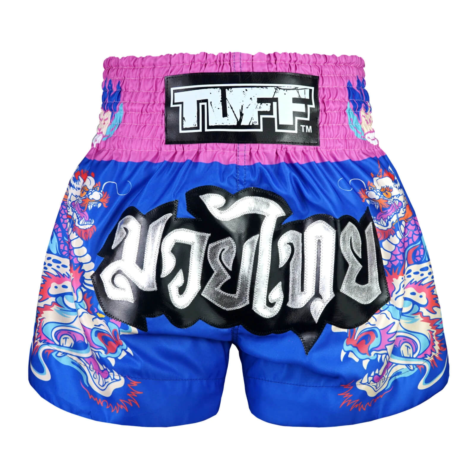Pantaloncini Muay Thai / Kickboxing Tuff Dragonforce Blu/Fucsia per allenamenti e match di Muay Thai. Grafica Dragone, comodi e morbidi in vita.