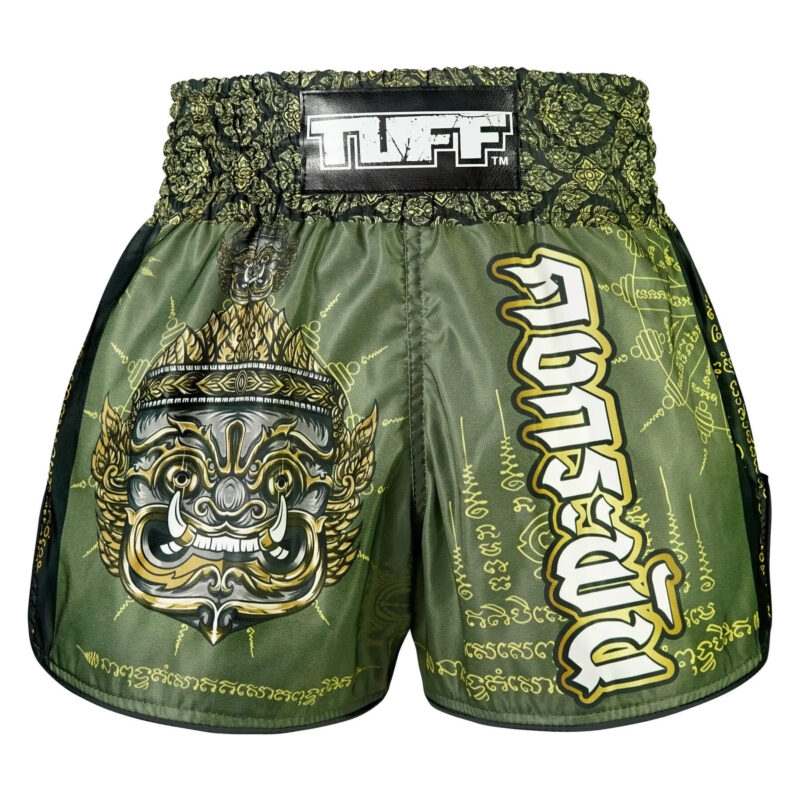 Pantaloncini Muay Thai / Kickboxing Tuff The Immortal Yaksa Verde/Oro per allenamenti e match di Muay Thai.