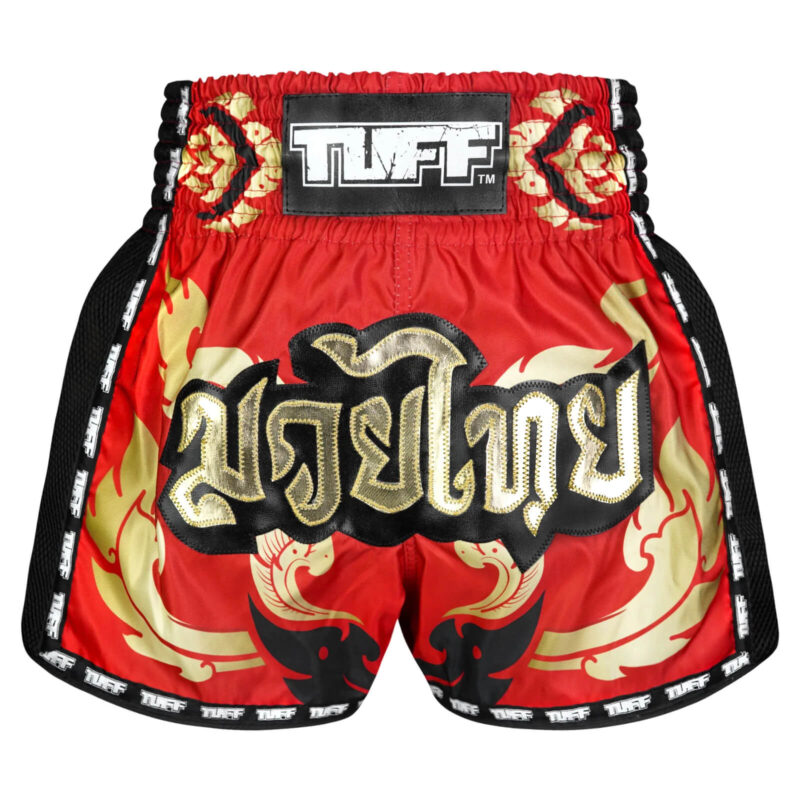 Pantaloncini Muay Thai / Kickboxing Tuff The Kanok Yantra Rosso/Oro per allenamenti e match di Muay Thai.
