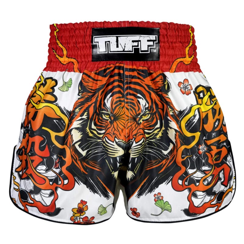 Pantaloncini Muay Thai / Kickboxing Tuff Tora Chikara Rosso/Bianco per allenamenti e match di Muay Thai. Pantaloncini tigre thai.