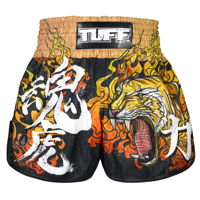 Pantaloncini Muay Thai / Kickboxing Tuff Tora Mazuka Nero/Giallo per allenamenti e match di Muay Thai. Pantaloncini tigre thai.