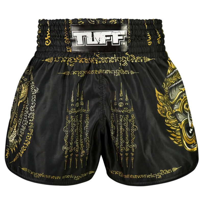 Pantaloncini Muay Thai / Kickboxing Tuff Yaksa Yantra Nero/Oro per allenamenti e match di Muay Thai. Pantaloncini maschera Demone Thailandese