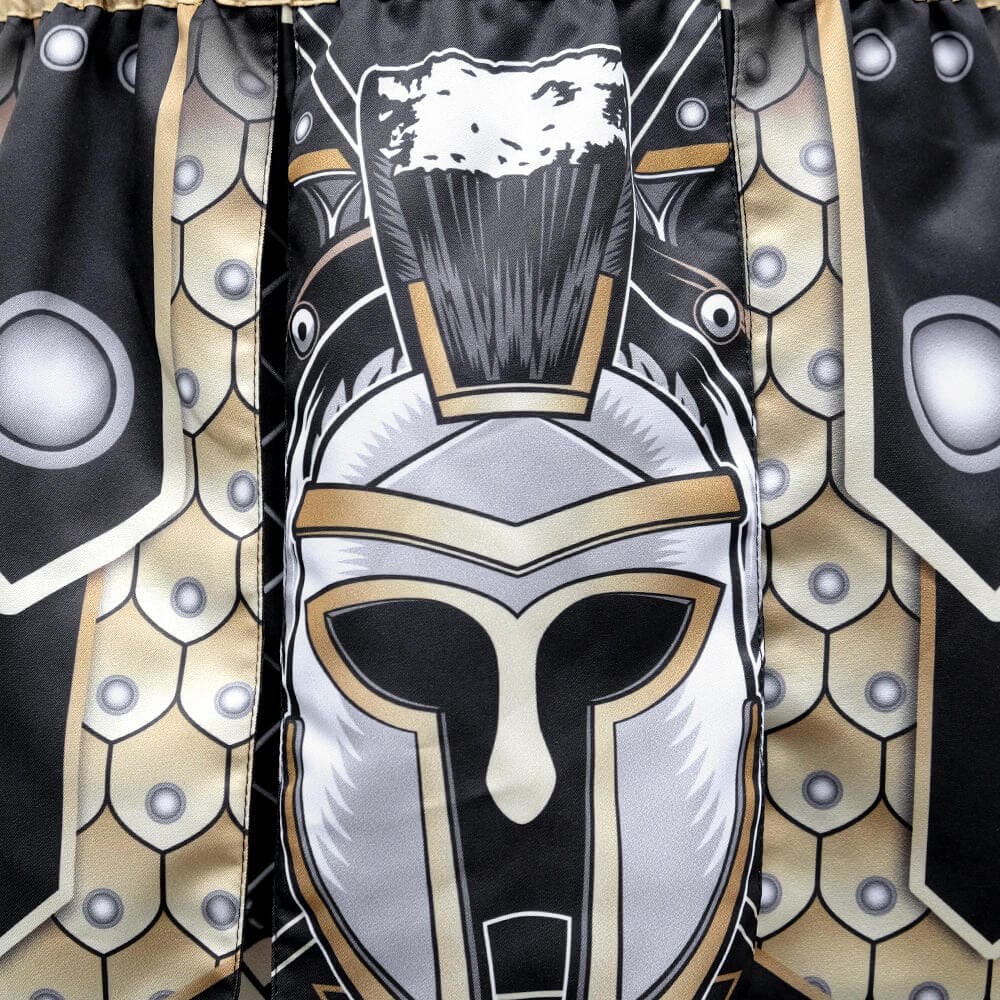 Pantaloncini Muay Thai/Kickboxing Tuff Gladiator Ancient Roman Nero/Oro per K1-Kickboxing e Muay Thai. Microfiber leggero, non si attaccano. Modello Gladiatore con frange.
