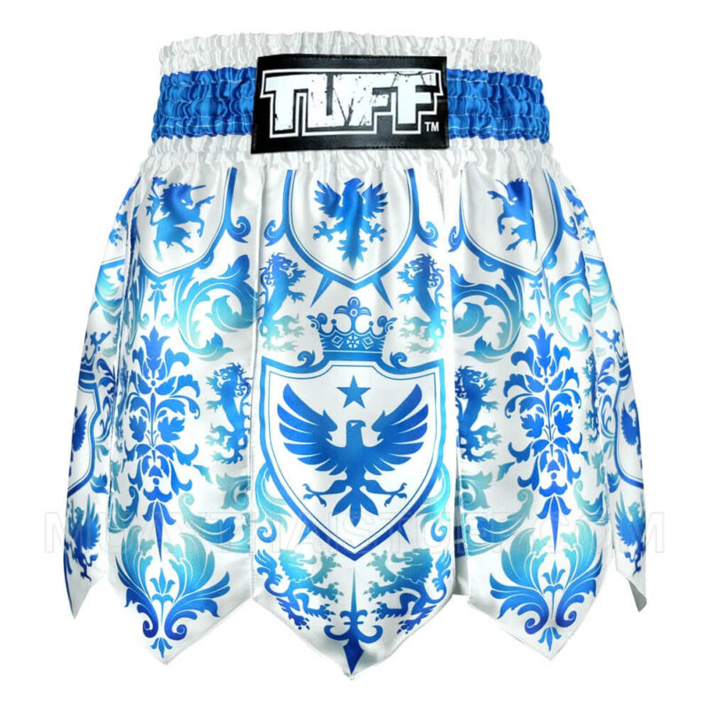 Pantaloncini Muay Thai/Kickboxing Tuff Gladiator Blu/Bianco per K1-Kickboxing e Muay Thai. Microfiber leggero, non si attaccano. Modello Gladiatore con frange.