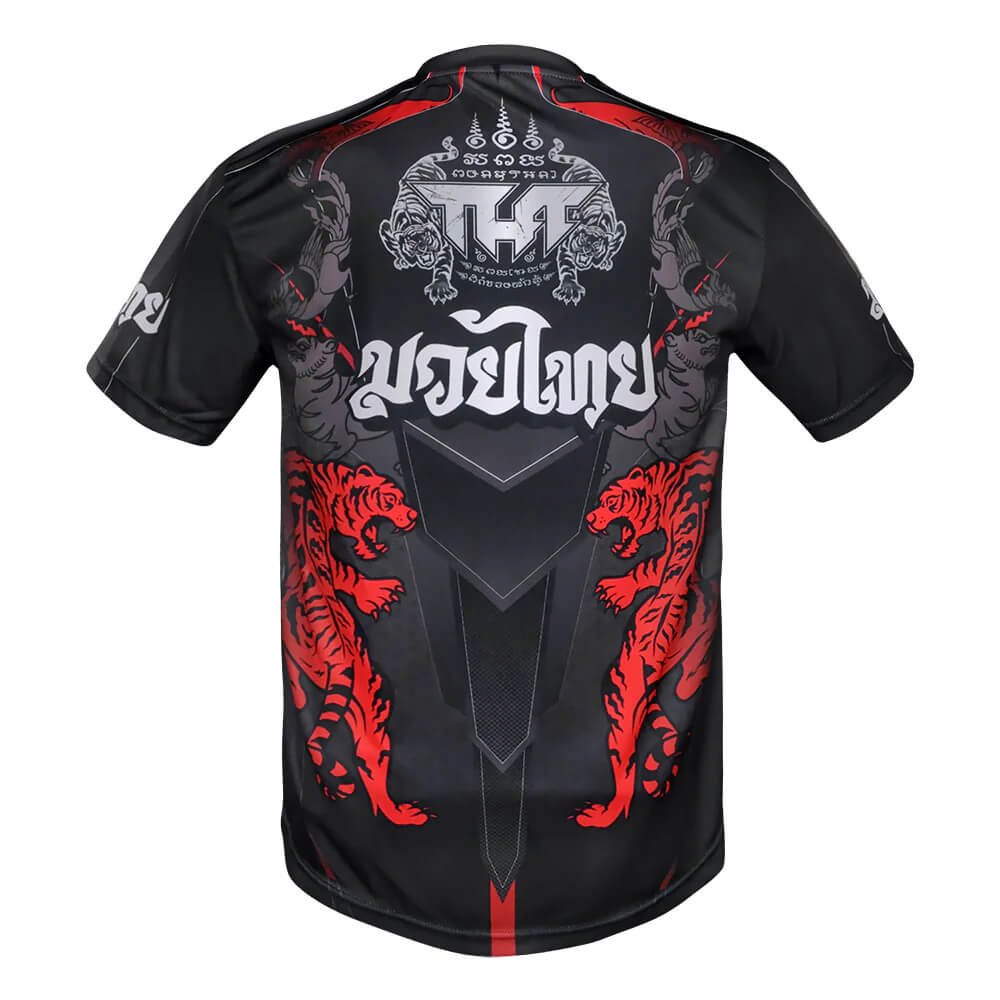 T-shirt Tuff da allenamento Double Tiger Nero/Rosso Dry Tech per allenamenti di Boxe, Kickboxing e Muay Thai. T-shirt con tigre rossa